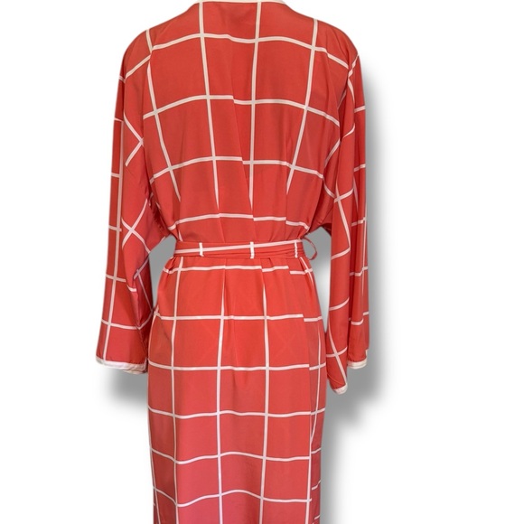 NATORI CORAL GRAPEFRUIT GRID WINDOWPANE NIGHTGOWN GOWN ROBE SET SZ M - Picture 3 of 6